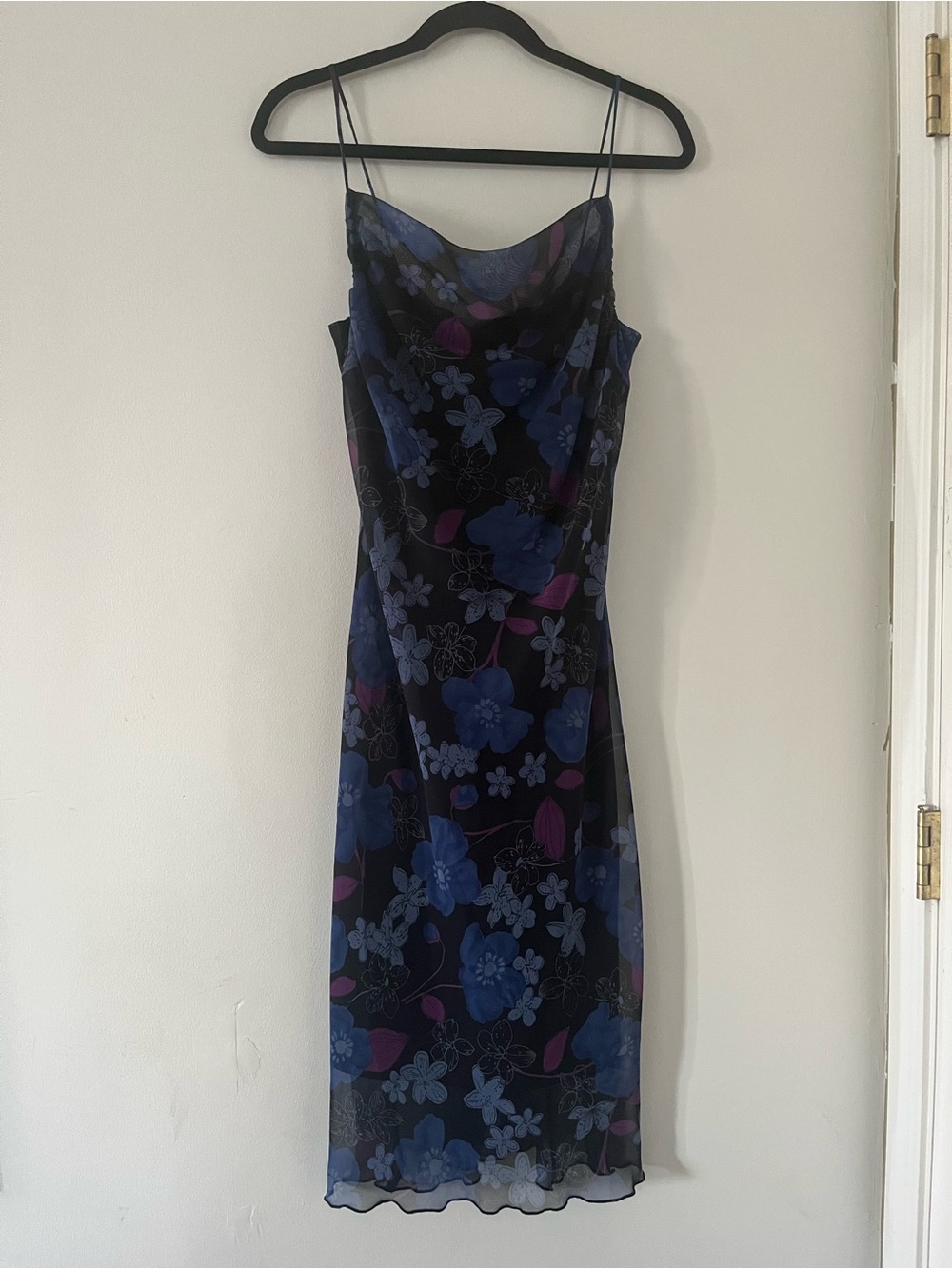 Vintage 90s Y2k Blue Floral Chiffon Slip Midi Dress 6 Cowl Neck Romantic